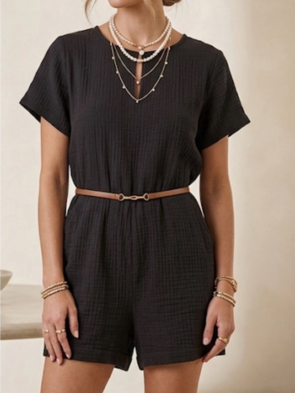 Eileen Fisher Black Organic Cotton Double Gauze Short Sleeve‎ Romper L S19GBA